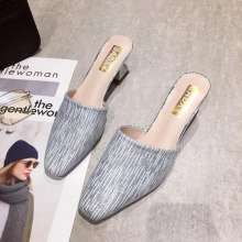 2019 spring new casual versatile square head thick with half drag single shoes (shoes 80)