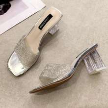 2019 new women's shoes slippers female summer fashion wear open toe word drag stiletto semi-dark sequins rhinestones (shoes 96)