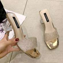 2019 new women's shoes slippers female summer fashion wear open toe word drag stiletto semi-dark sequins rhinestones (shoes 96)