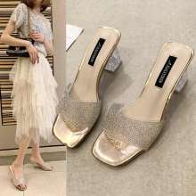 2019 new women's shoes slippers female summer fashion wear open toe word drag stiletto semi-dark sequins rhinestones (shoes 96)
