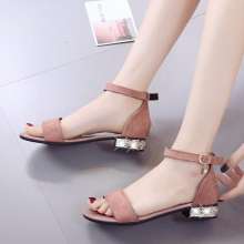 2019 summer new style sandals women's shoes with a buckle with empty solid color PU front and rear with open toe square with rubber Han (shoes 97)