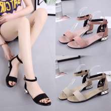 2019 summer new style sandals women's shoes with a buckle with empty solid color PU front and rear with open toe square with rubber Han (shoes 97)