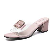 2019 summer new style sandals and slippers women wear Korean version of the wild word metal buckle thick with the fashion slippers tide (shoes 102)