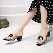 2019 summer new style sandals and slippers women wear Korean version of the wild word metal buckle thick with the fashion slippers tide (shoes 102)