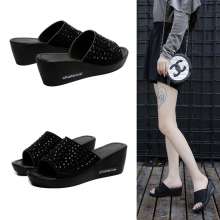 2019 new rhinestones sandals female summer net red with the same type of muffin outside the port wind slope with thick-soled fashion word drag (shoes 115)