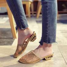 2019 summer new slippers female Korean version of a word Baotou half cool drag hollow breathable mesh student shoes (shoes 133)