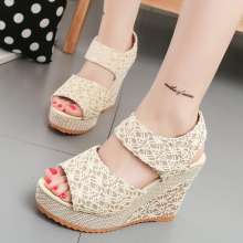 2019 spring and summer slope with sandals Velcro platform waterproof platform platform shoes lace hollow high heel sandals women's shoes (shoes 135)