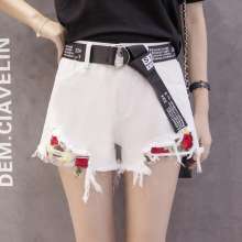 [With belt] heavy embroidery flower mesh gauze stitching wide-leg denim shorts (pants 20)