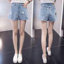 2019 spring and summer flower embroidery jeans raw edge worn high waist light color slim hot pants female shorts female (Pants 24)