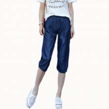 2019 summer new large size elastic waist loose straight high waist pants trousers seven points jeans (trousers 25)