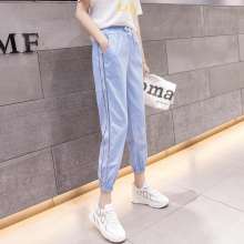 2019 summer new fashion thin section beamed wire silk denim side stripe stitching loose harem pants female nine pants [DB] (trousers 30)