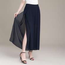 2019 summer chiffon wide leg pants women's pants summer nine pants loose high waist elastic waist pants skirt (trousers 37)