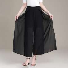2019 summer chiffon wide leg pants women's pants summer nine pants loose high waist elastic waist pants skirt (trousers 37)