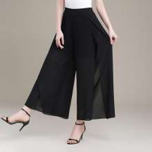 2019 summer chiffon wide leg pants women's pants summer nine pants loose high waist elastic waist pants skirt (trousers 37)