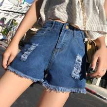 2019 raw denim shorts female summer high waist new Korean students slim slim fashion hole (trousers 38)
