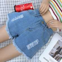 2019 raw denim shorts female summer high waist new Korean students slim slim fashion hole (trousers 38)