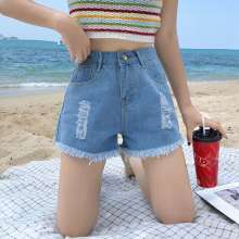2019 raw denim shorts female summer high waist new Korean students slim slim fashion hole (trousers 38)