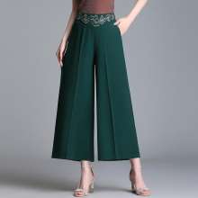 Embroidered bell-bottoms elastic waist nine pants pants mother loaded spring and summer loose straight pants middle-aged women thin dance pants [DB] [DM] k615 (trousers 41)