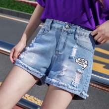 2019 summer new denim shorts female summer Korean version loose embroidery elastic waist hole straight hot pants (trousers 44)