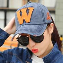 Korean version of the letter W baseball cap men's and women's denim cloth cap washed old curved visor (bag 6)