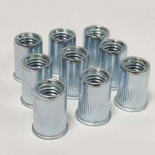 Small countersunk vertical screw, knurled white zinc rivet nut, screw