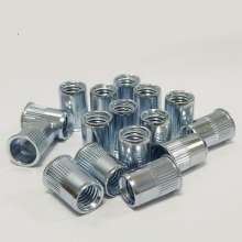 Small countersunk vertical screw, knurled white zinc rivet nut, screw