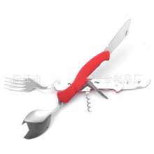 Camping tableware. Three-piece spoon set. Three-piece fork set. SY-FT006 Big six-open stainless steel folding multi-function knife and fork set. Outdoor portable combination cutlery set