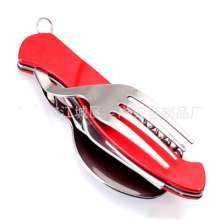 Camping tableware. Three-piece spoon set. Three-piece fork set. SY-FT006 Big six-open stainless steel folding multi-function knife and fork set. Outdoor portable combination cutlery set