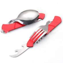 Camping tableware. Three-piece spoon set. Three-piece fork set. SY-FT006 Big six-open stainless steel folding multi-function knife and fork set. Outdoor portable combination cutlery set