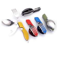 Outdoor folding combination tableware. Tableware. Knives and forks. Camping knife and fork spoon set combination. Portable with multi-function table knife. Cutlery set