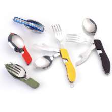 Outdoor folding combination tableware. Tableware. Knives and forks. Camping knife and fork spoon set combination. Portable with multi-function table knife. Cutlery set