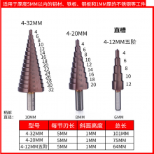 M35 stainless steel triangle hexagon handle straight groove step drill step drill alloy thin aluminum plate iron plate take hole opening set pagoda drill