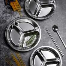 Factory direct round 304 stainless steel fast food plate school students cutlery separated three grid canteen sub-meal dish. Tableware. Canteen lunch box. Separating tableware