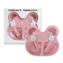 Wheat straw children's tableware set. Creative spoon, fork, chopsticks and tableware three-piece set. Bear bowl cartoon separated dinner plate. Children's tableware