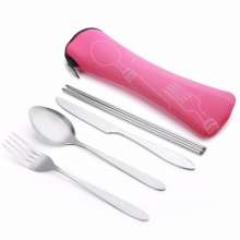 Portable cloth bag cutlery set. Travel four-piece set of stainless steel knives, forks and spoons. Promotional gifts can be customized with logo tableware. Chopsticks