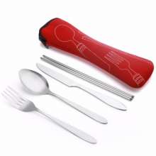 Portable cloth bag cutlery set. Travel four-piece set of stainless steel knives, forks and spoons. Promotional gifts can be customized with logo tableware. Chopsticks