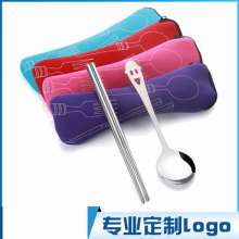 Portable cloth bag cutlery set. Two-piece stainless steel gift cutlery. Smiley spoon chopsticks small gift customization. tableware. Chopsticks