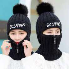 Knitted woolen hat. Female autumn and winter ear protection warm hat. Korean version of one-piece plus velvet cycling zipper. hat. Cold cap