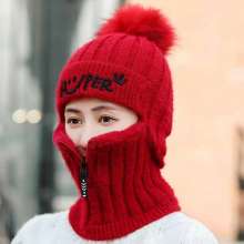 Knitted woolen hat. Female autumn and winter ear protection warm hat. Korean version of one-piece plus velvet cycling zipper. hat. Cold cap