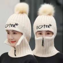 Knitted woolen hat. Female autumn and winter ear protection warm hat. Korean version of one-piece plus velvet cycling zipper. hat. Cold cap