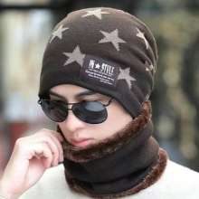 Knitted hat . Fleece thickened winter warm hat woolen hat. Men's trendy Korean style dual-use bib headgear