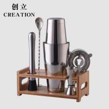 Create stainless steel bartender bar tool. Bottom support Boston shaker. Wooden rack bar set bartender bottle