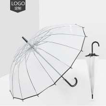 Long handle 16 bone windproof double thick transparent umbrella. Straight stem transparent umbrella